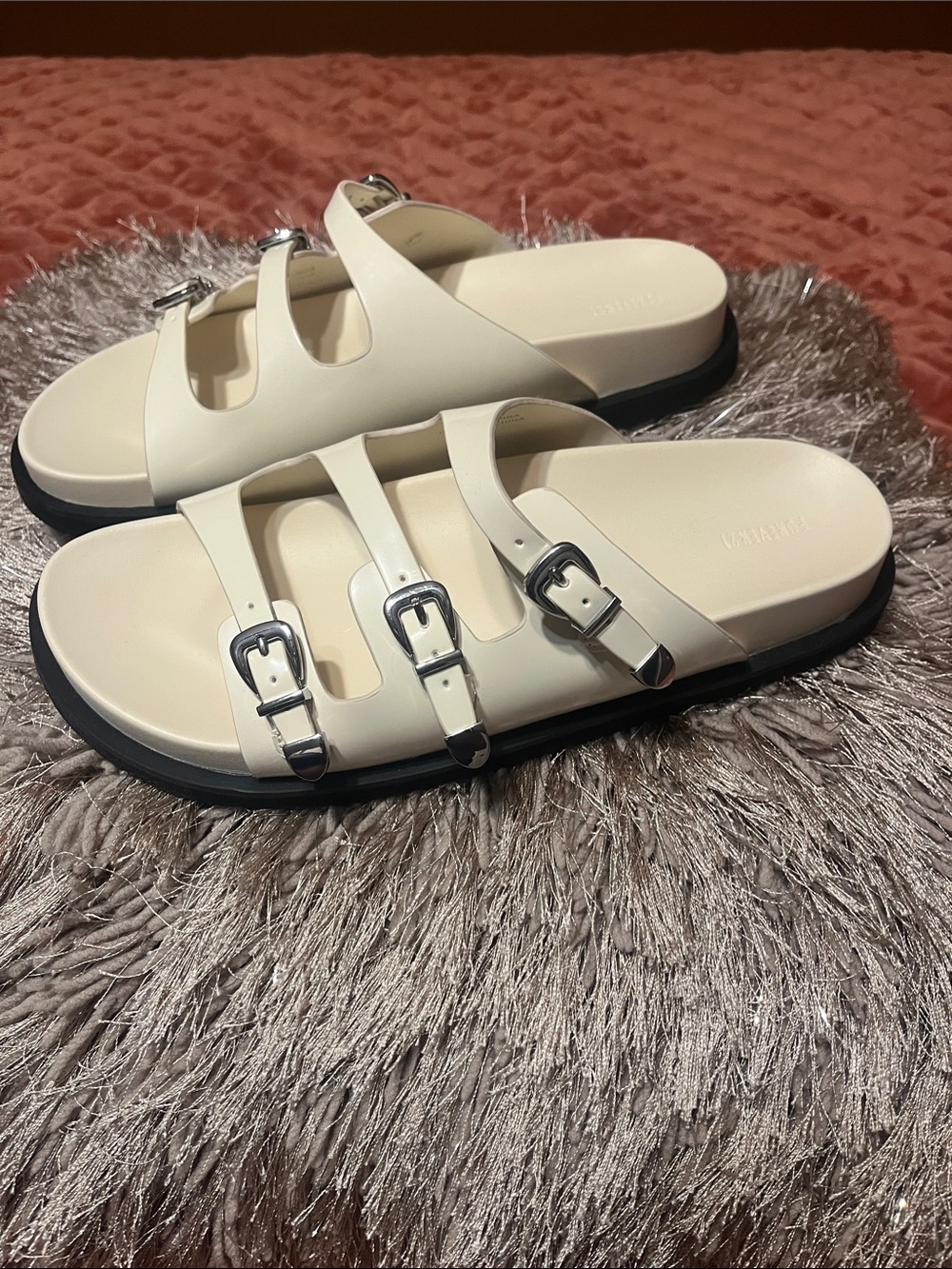 Forever 21 Women's Cream Triple-Buckle Slide Sandals
